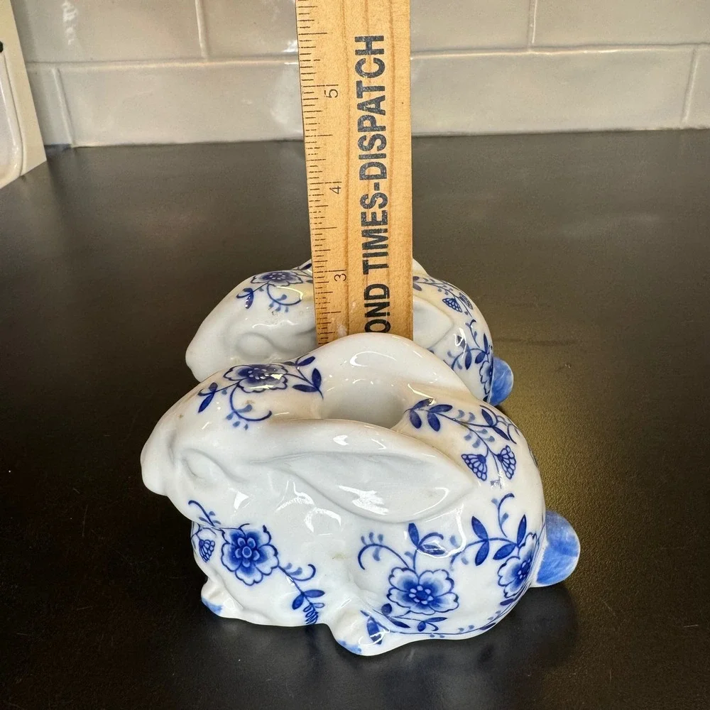 Porcelain Rabbit Candle Holder Set Blue White Floral Chinoiserie Bunnies